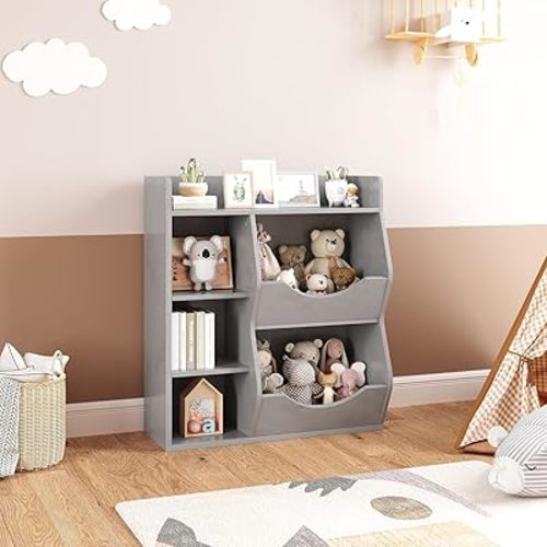 Kids 3-Tier Toy Storage Organizer Kids Bookshelf Double Side Toy Shelf Gray- 5 Compartment Bookshelf & Toy Shelf for Kids' Room, Bedroom, Living Room, and Kindergarten - for Toys and Books