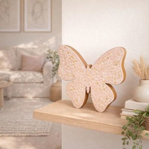 Butterfly Figurine for Home Decor - Mango Wood and Glass Sculpture Mosaic Design for Bathroom, Office, Living Room, and Shelf Display - 8", Pink