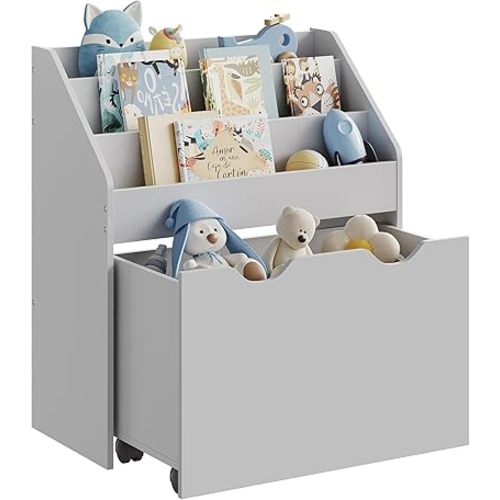 SONGMICS Kids Bookshelf and Toy Organizer, Toy Storage Chest and Bookcase with 3 Shelves, Storage Box with Wheels, Multipurpose, for Children's Room and Playroom, Dove Gray UGKR041G10