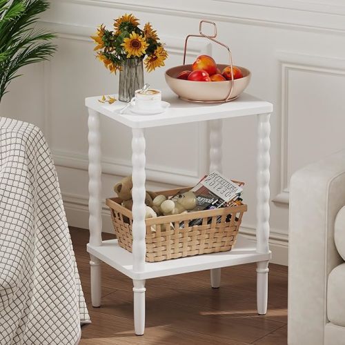 Small Narrow Side Table, Vintage End Table - Skinny Bedside Nightstand for Small Spaces, Couch/Recliner Accent Table for Bedroom Living Room Nursery, No-Tool Assembly (White)