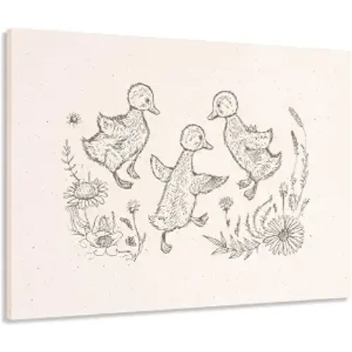 Framed Nursery Duck Canvas Wall Art Cute 3 Sketch Little Ducks Wall Decor Pictures Brown Vintage Cottage Core Animal Poster Prints for Kids Bedroom Baby Child Room Home Decoration 12x16in
