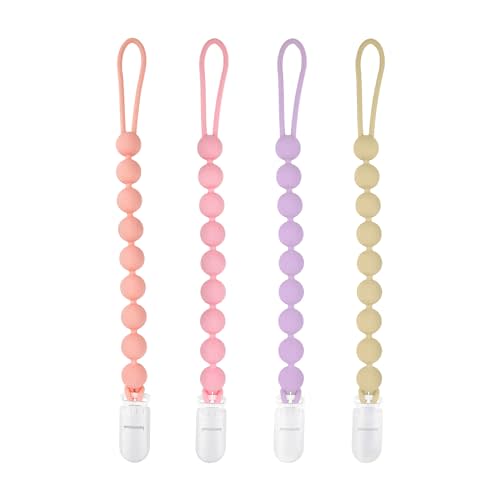 MINMUNJIU Silicone Pacifier Clip Holder, 4 Pack One Piece Soft Flexible Binky Clips Pacifier Holder Clip for Girls, Baby Newborn Essentials, Teething Relief, Birthday Christmas Shower Gift