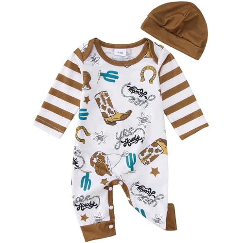 BOUTIKOME Infant Baby Boy Outfit Retro Cowboy Partner Howdy Graphic Romper Newborn Onesie Jumpsuit Hat 2Pcs Set