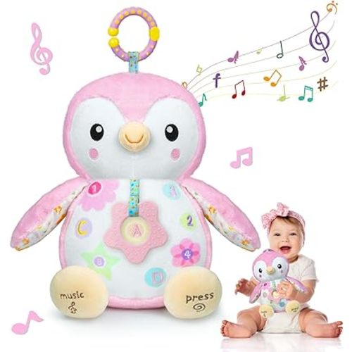 Fuzqq Baby Toys 0-6 Months,Musical Stuffed Animal Plush Toy,Textured Hanging Ring,Rattles & Crinkle Sound Paper,Tummy Time Toys for Newborns Toys for 0-6-12 Months Boy/Girls,Penguin