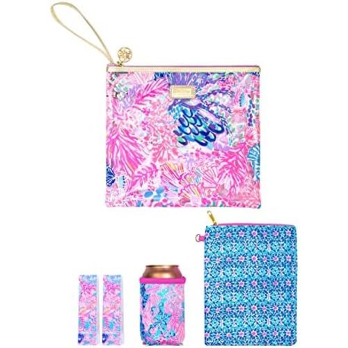 Lilly Pulitzer Water Resistant Vinyl Beach Day Pouch, Zipper Bag Includes Drink Hugger, Small Pouch, and Towel Clips