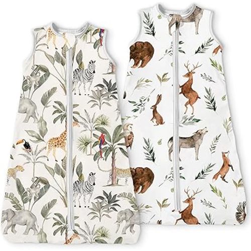Jungle Animals Sleep Sack 6-12-15 months 2-Pack,0.5 TOG Stretchy Baby Wearable Blanket with 2-Way Safe Zippers, Cofy Soft Sleeping Bag for Babies