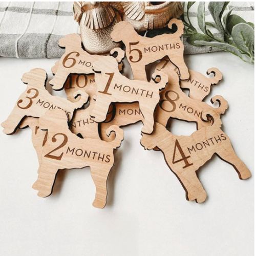 Wooden Dog Monthly Milestone Cards, 1-12 Months, Goldendoodle Design, Baby Photo Props