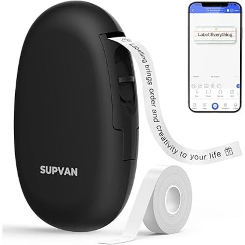 SUPVAN E10 Bluetooth Label Maker Machine with Tape, Continuous Waterproof Label, Versatile App with 35 Fonts and 1k+ Icons, Inkless Labeler for Home, Kitchen, School, Office Organization, Black