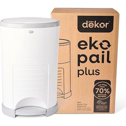 Diaper Dekor EKO Plus Diaper Pail, White | ONLY Eco-Friendly Diaper Pail Made with 70% Recycled Materials | Hands-Free: Step–Drop–Done | Cost-Effective Refill System |Great Cloth Diaper Pail