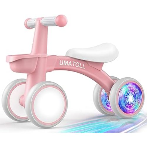 Umatoll Colorful Lighting Baby Balance Bike Toys for 1 Year Old Girls Gifts, Adjustable Seat, 1st Birthday Gifts, 12-24 Months Toddler Bike, Removable Basket, Pink