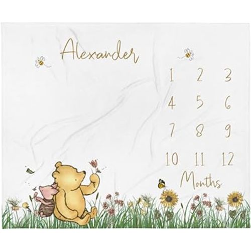 Classic Winnie Bear Baby Milestone Blanket Boy, Pooh Baby Month Blanket Girl, First Year Calendar Monthly Growth Chart, Personalized Name Newborn Photo Mat, Baby Boy Shower Gift (Various Sizes)