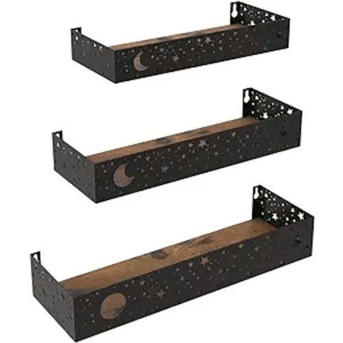 Moon and Stars Wall Shelves Black, Set of 3 Small Floating Shelves for Bedroom Living Room Wall Storage or Decor, Brown Board