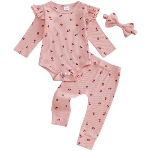 fhutpw Newborn Baby Girl Clothes Rib Frill Long Sleeve Romper Daisy Flared Pants Headband Set 3pcs Fall Winter Outfits