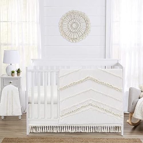 Sweet Jojo Designs 4-Piece Baby Crib Bedding Set (Ivory Boho) for Boys or Girls, Infants/Nursery incl. Blanket, Fitted Sheet, Skirt, Diaper Stacker (Gender Neutral, Bohemian, Farmhouse, Minimalist)