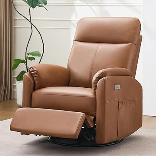 Power Glider Recliner Nursery Rocking Chair with USB Ports, Glider Chair with Lumbar Pillow for Living Room, Glider Swivel Recliner Chair for Nursery(Light Brown)