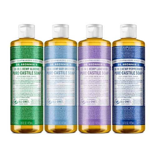 Dr. Bronner's - Pure-Castile Liquid Soap Variety Pack - Almond, Lavender, Baby Unscented, & Peppermint, Made w/Organic Oils, 18-in-1 Uses: Face, Body, Hair, Laundry, Pets, Dishes, Etc. (16oz, 4-Pack)