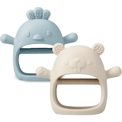 PandaEar 2 Pack Silicone Baby Teething Toys| Baby Hand Teether Mitten for Sucking Needs| Baby Chew Toys Hand Pacifier for Soothing Teething Pain Relief (White/Blue)