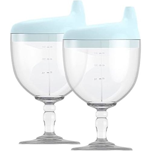 KFT Baby Sippy Cup Wine Glass - Fun No Spill Plastic Goblet for Kids - Perfect Beverage Mug with Lid for Birthday Parties and Celebrations - Ideal for Milk, Juice, and More! (Blue, 2)