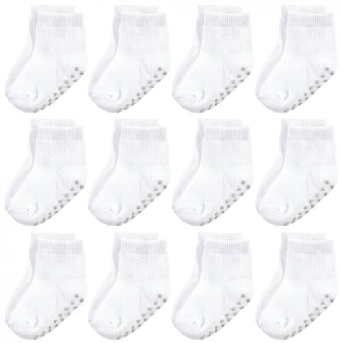 Touched by Nature Baby and Toddler Organic Cotton Blend Socks with Non-Skid Gripper for Fall Resistance, White, 6-12 Months