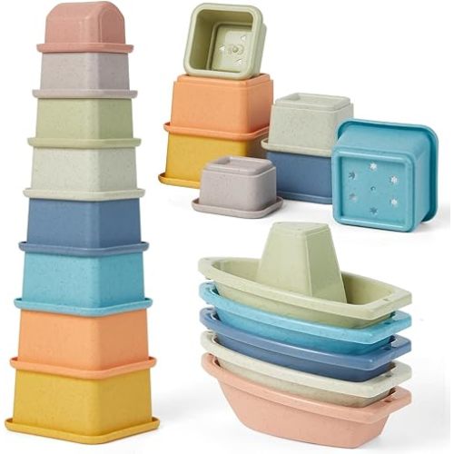 Baby Bath Toys | 13PCS Mold-Free Floating Boats & Stacking Cups | Bathtub Toys for Babies 6-12M & Toddlers 1-3Y | Water Table Pool Sensory Play with Counting Game, Early Educational Birthday Gift