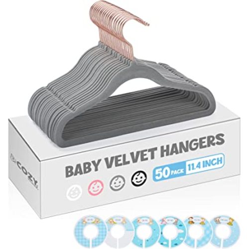 Cozymood Velvet Baby Hangers for Closet 50 Pack with 6 Pcs Size Dividers, Non-Slip Baby Clothes Hangers 11 Inch, Ultra-Thin Small Hangers for Kids Clothes, Space Saving Velvet Toddler Hangers, Grey