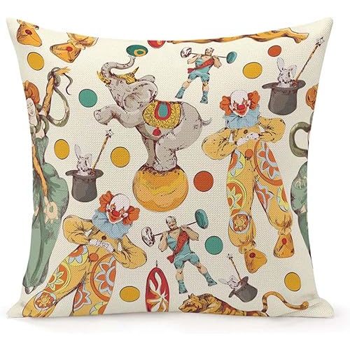 Throw Pillow Cover 18x18 Inch,Circus Vintage Elephant Clown Throw Pillow Case,Home Decor Cushion Covers for Sofa Living Room Couch Bed