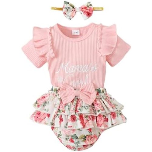 Tsnbre Newborn Infant Baby Girl Clothes 3PC Summer Outfit 3D Flower Rib Knit Ruffle Short Sleeve Romper Shorts Headband