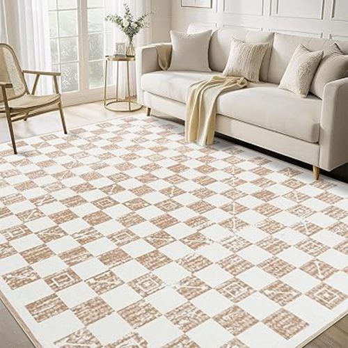 CocoHouse 5x7 Living Room Rugs Beige - Plaid Area Rugs for Living Room Low Pile, Modern Checkered Rug Stain Resistant with Non Slip Backing, Washable Area Rugs for Bedroom, Dining Room, Nursery