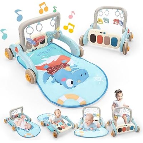 2 in 1 Baby Play Gym with Walker for Newborn, Baby Play Mat Activity Gym with 4 Infant Learning Sensory Tummy Time Mat for Infant Christmas Gifts Adjustable Height (Blue)
