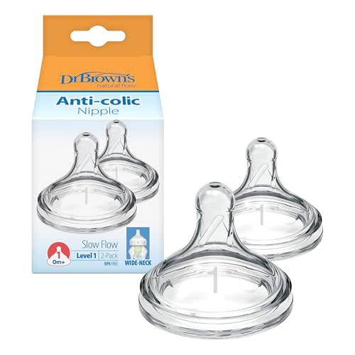 Dr. Brown’s Wide-Neck Level 1 Slow Flow Nipple, 0m+, 2-Pack | 100% silicone nipples for Options+ Wide-Neck baby bottles, slow flow rate for newborns
