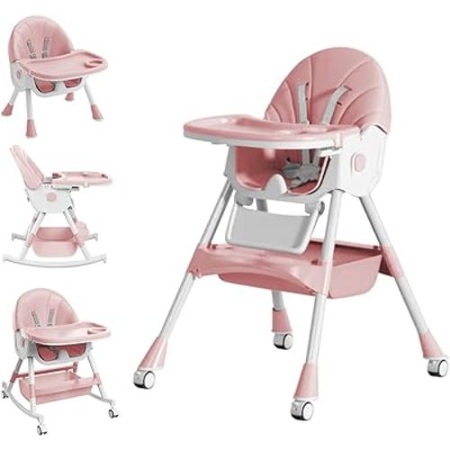 Baby High Chair, 5 in 1 High Chairs for Babies and Toddlers, Travel Foldable High Chair with Foot Rest, Detachable PU Cushion, Double Removable Tray, Adjustable Height & Recline, Locking Wheels