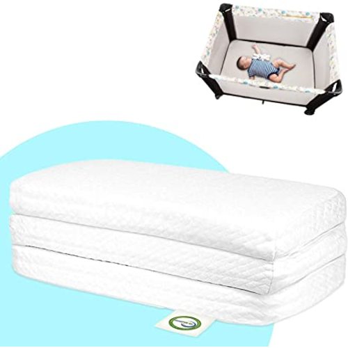 Pack and Play Mattress Pad -Trifold Portable Roll Up Playpen Mattress Pad with High Density Foam for Babies and Toddlers with Travel Tote - Hypoallergenic Travel Mattress (White) - Stock Your Home