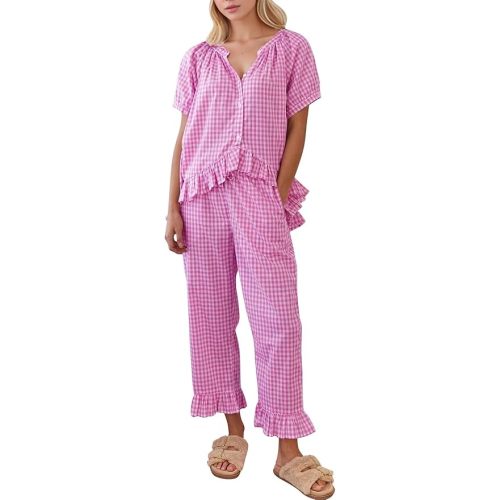 COZYPOIN Womens Gingham Pajama Set 2 Piece Plaid Cotton Pjs Cute Ruffle Sleepwear Maternity Bridesmaid Pajamas Loungewear