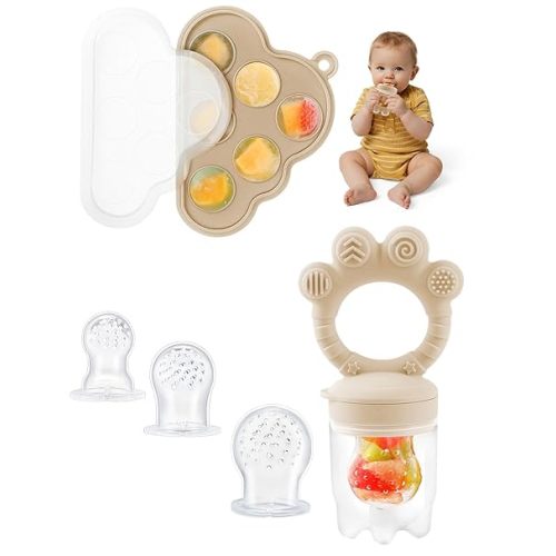 Baby Popsicle Molds & Food Feeder Set, Baby Fruit Feeder for Infant Teething Relief & Safe Infant Self Feeding 4 Months+ Starting Solids for Essentials (Green+Beige)