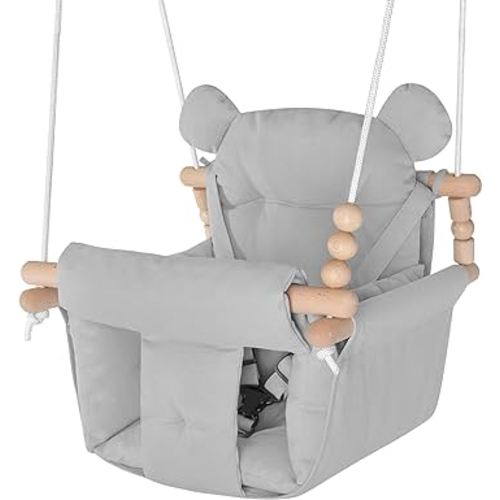 Baby Swing Outdoor Indoor, Secure Canvas Baby Swing,Wooden Baby Hanging Swing for Infant,Toddler Swing Seat,3-Point Adjustable Safety Harness,Mounting Hardware Included,Gift for Baby Boys Girls,Grey