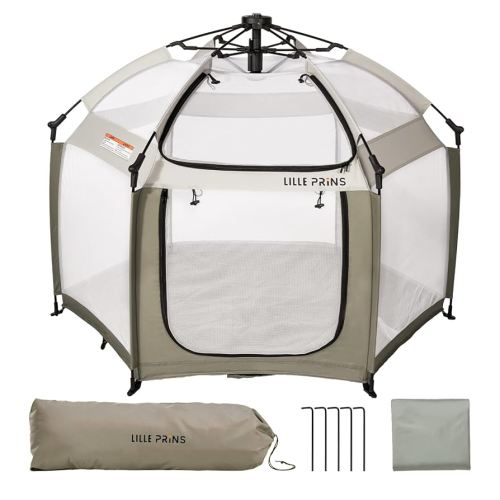 EasyPop Outdoor Playpen with Canopy for Babies, 1 Second Baby Pop up Tent, Beach Tent, Travel Playpen for Baby with Travel Bag, UPF50+ Cover, Mosquito Net (Beige)