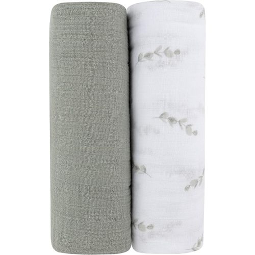 Ely's & Co. Muslin Swaddle Blanket 2-Pack — 100% Cotton Muslin Extra-Large Swaddle Blankets (47” x 47”) Watercolor Eucalyptus Print & Solid Sage
