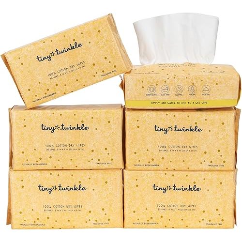 Tiny Twinkle 100% Cotton Dry Wipes | 480 Count | Use Wet or Dry | Fragrance-Free, Hypoallergenic, Cashmere-Like Softness, Strong & Absorbent | Ideal for Diaper Changes, Bath, Mealtime & On-The-Go