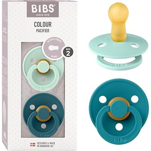 BIBS Pacifiers Colour Collection | Natural Rubber Baby Pacifier | Set of 2 BPA-Free Soothers | Made in Denmark | 6+ Months (Pack of 2) | Nordic Mint/Forest Lake