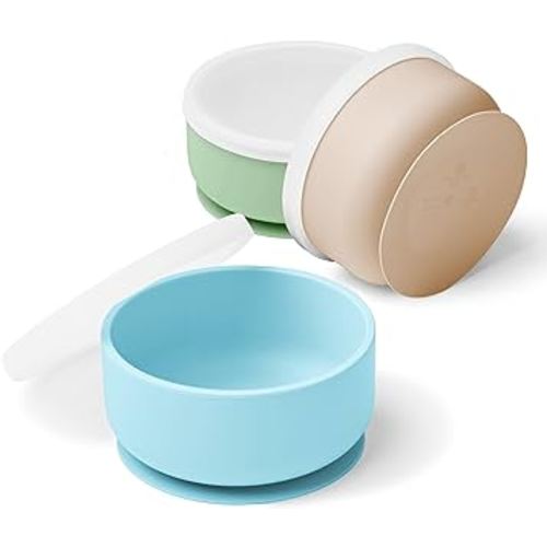 | Silicone baby bowls with suction | toddler bowls | baby bowls with lids | blue green and beige