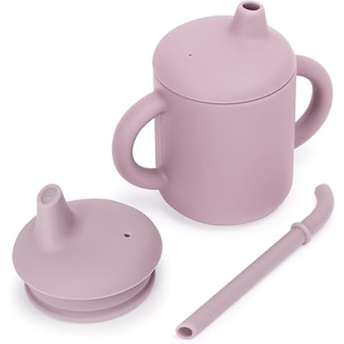 Sippy Cups for Toddlers 1-3 with Straws,Silicone Baby Cup 6-12 months with Handles for Feeding Essentials,4oz [4 in 1],Matte Pink