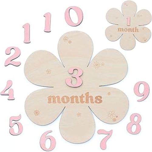Baby Monthly Milestone Cards - Wooden Monthly Milestone Discs - Newborn Photography Props to Document Your Baby´s Growth - Baby Announcement Sign (Peta Flower)