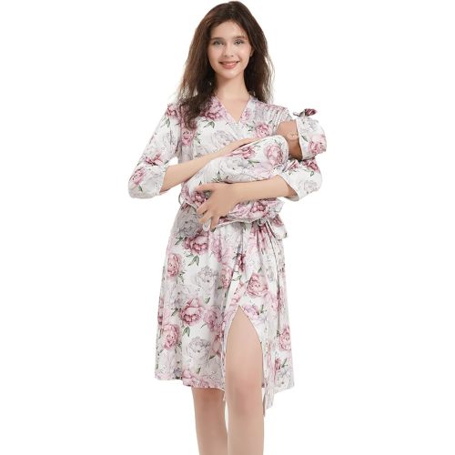 Galabloomer Maternity Robe and Baby Receiving Blanket, Matching Mommy Labor Delivery Robe and Swaddle Set (s, white pink