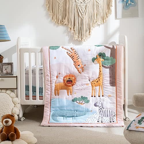 Crib Bedding Set 4 Pieces – Includes Comforter, 2 Fitted Sheets for Easy Changing, Crib Skirt – Soft, Breathable, Machine Washable – Fits Standard Crib Mattress – Baby Nursery Set for Boys & Girls