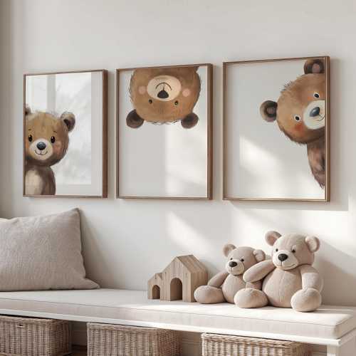 Bear Print Nursery Wall Art - Peeking Bear Posters, Peekaboo Kids Room Decor, Digital Download Printable Art, Woodland Animal Home Decor