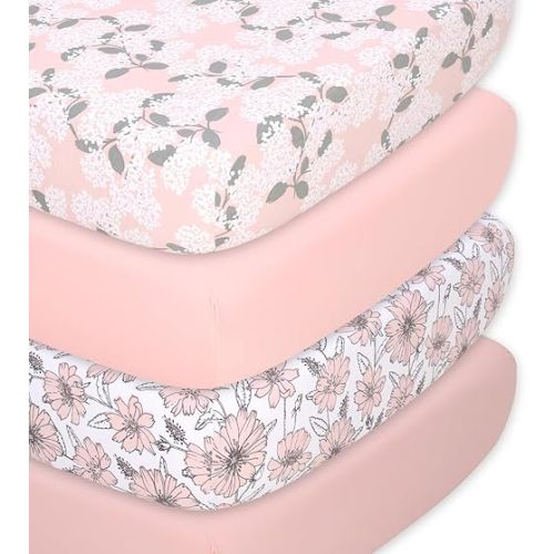 The Peanutshell 4-Pack Fitted Organic Crib Sheet Set - Soft & Breathable Baby Girl or Boy Crib Sheets, 100% Jersey Cotton Nursery Decor, Fit for Standard Mattress Cover- Cottage Floral