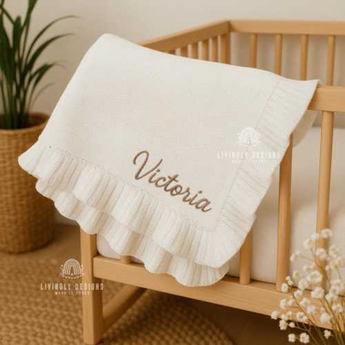 Personalized Embroidered Cotton Knit Baby Blanket - Ruffled Keepsake