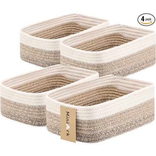 MiniArk Small Storage Baskets for Organizing | Closet Organizer Bins | Shelf Toy Basket | Woven Rope Baskets | Cube Decorative Box | Shallow Basket |11.5x7.5x4.7”| 4 Packs Gradient Brown
