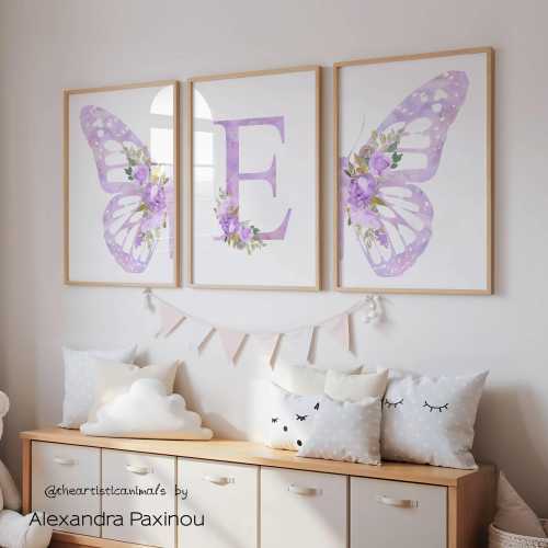 Butterfly Nursery Art Prints Set, Lavender Floral, Custom Baby Name Sign