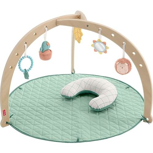 Fisher-Price Baby Playmat, Wooden Lay & Play Deluxe Activity Gym with Wood Frame & Tummy Time Developmental Toys for Newborns 0+ Months